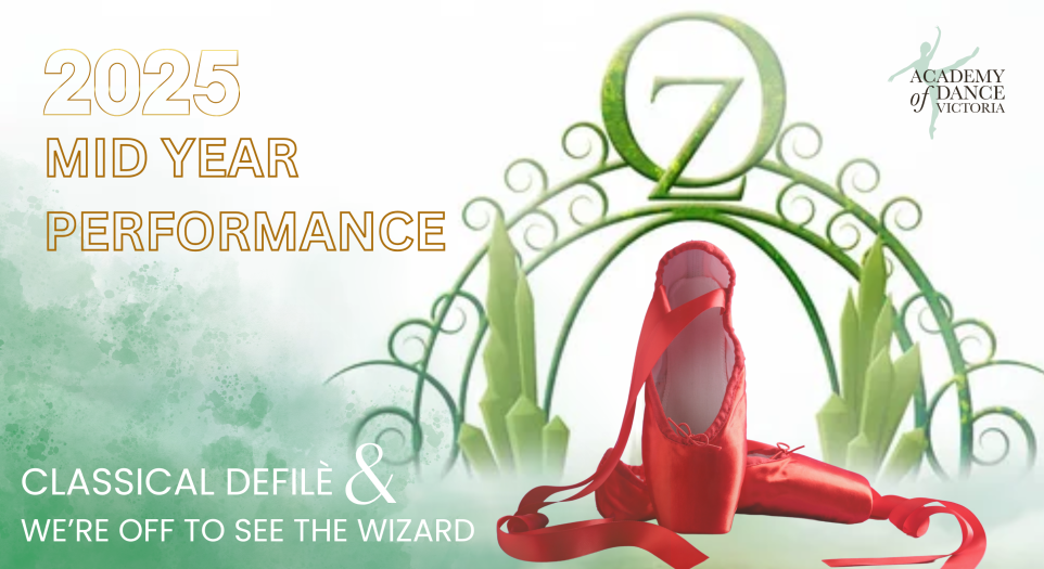 Red ballet shoes set against green OZ image