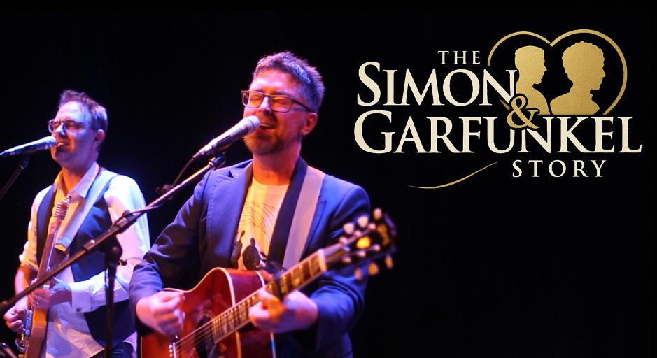 The Simon & Garfunkel Story logo with 2 men with guitars singing at microphones.
