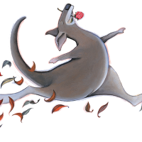 A cartoon kangaroo leaps like a ballerina holding a red rose in it's mouth.