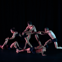 Five circus performers against a dark background
