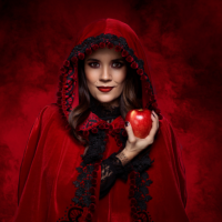 girl in a red cape holding an apple