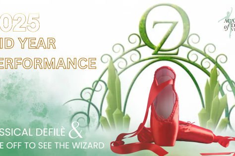 Red ballet shoes set against green OZ image