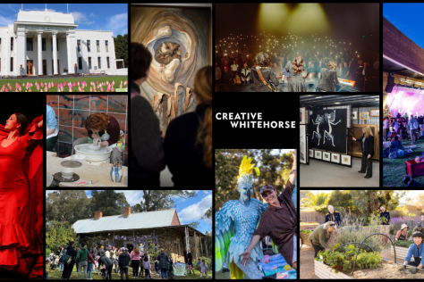 Collage of images including pictures of historic arts venues, performers in costumes, art exhibitions, pottery classes. 